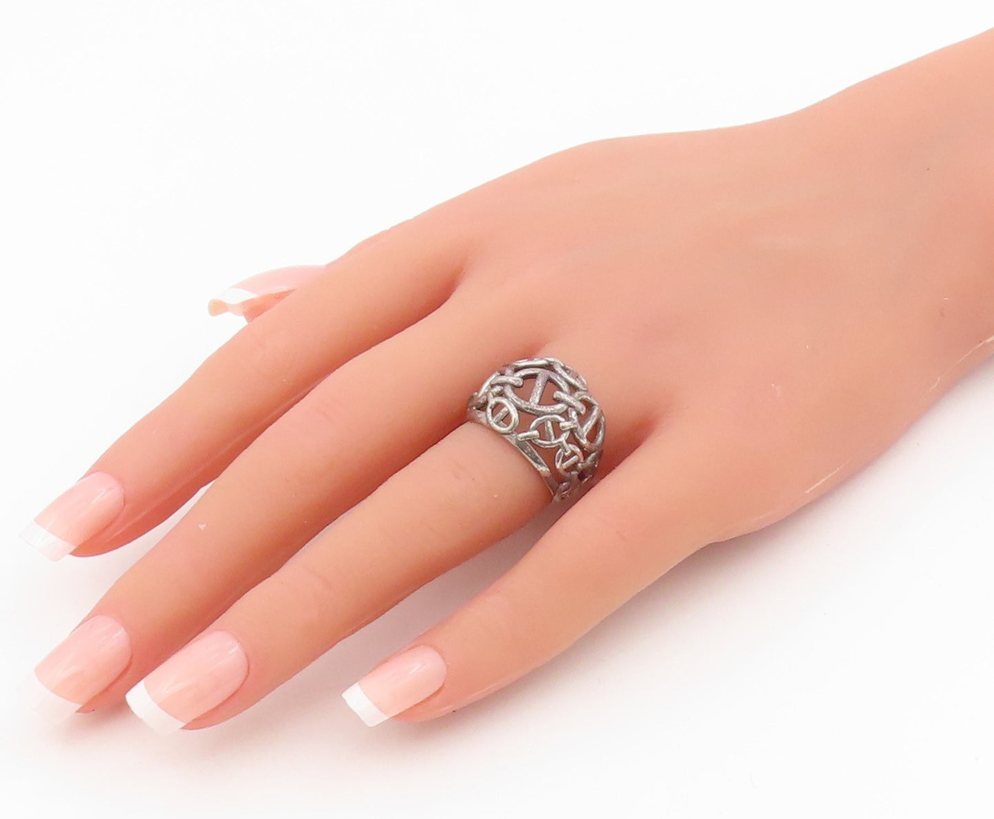 925 Sterling Silver Vintage Ring Anchor Chain Open Cutout Dome  Sz 6.5  RG34341