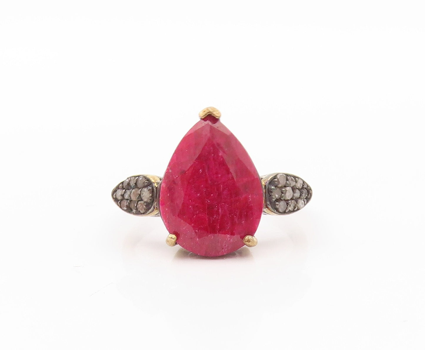 925 Sterling Silver Vintage Ring Diamonds & Drop Cut Red Gemstone  Sz 7  RG30299