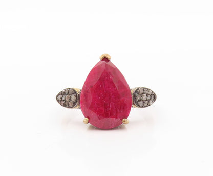 925 Sterling Silver Vintage Ring Diamonds & Drop Cut Red Gemstone  Sz 7  RG30299