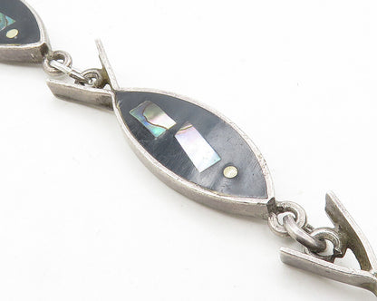 MEXICO 925 Sterling Silver Vintage Abalone Black Onyx Fish Chain Bracelet BT4494