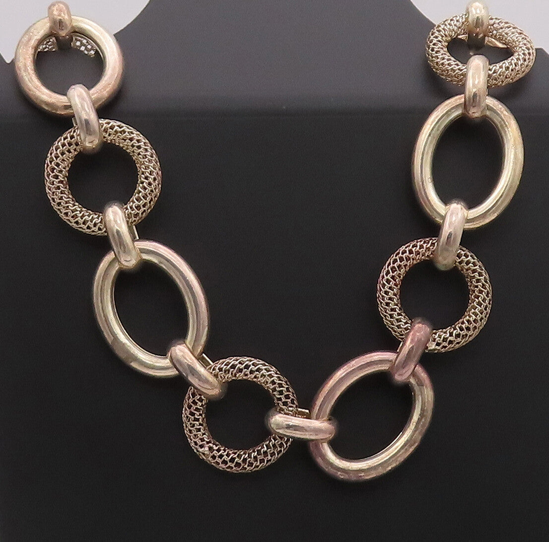925 Sterling Silver Vintage Necklace Large Carved Solid Rings Link Chain  NE4255