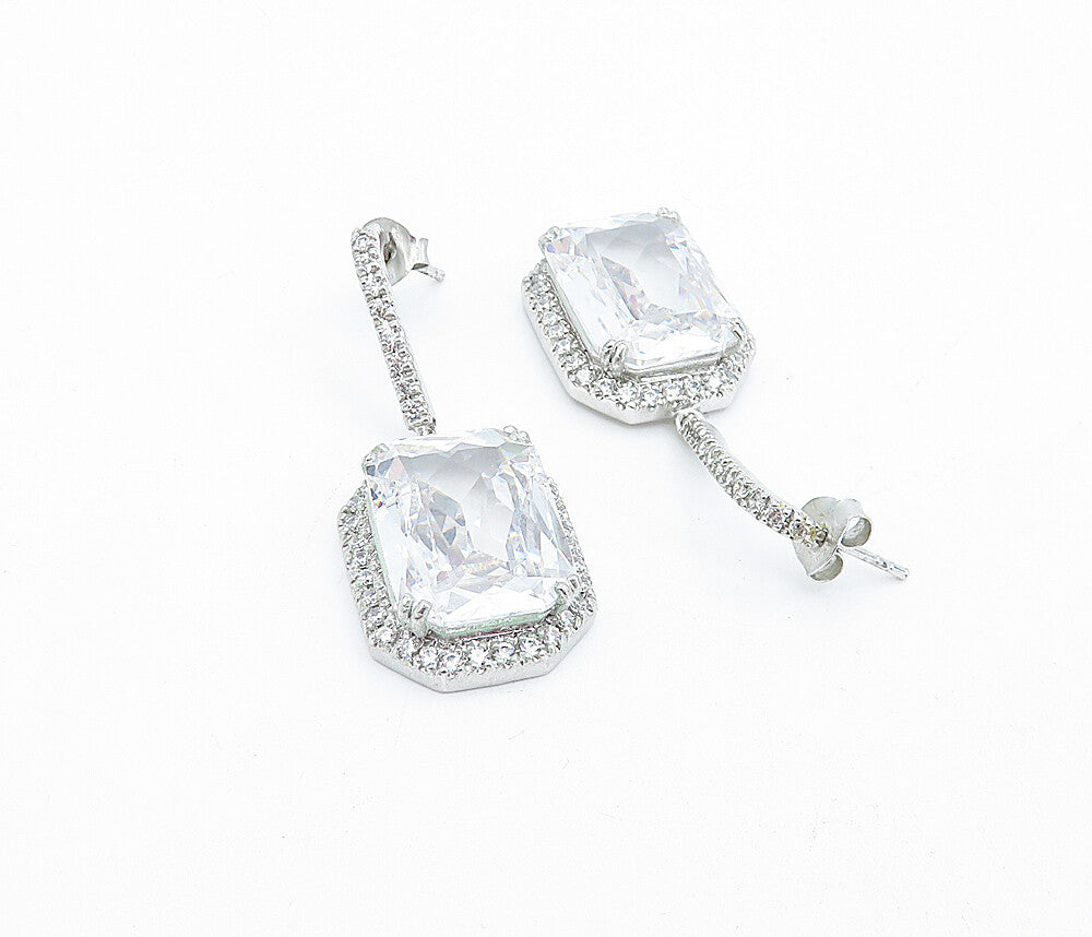 925 Sterling Silver  Sparkling Cubic Zirconia Cornered Dangle Earrings  EG2680