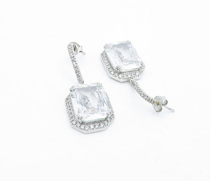 925 Sterling Silver  Sparkling Cubic Zirconia Cornered Dangle Earrings  EG2680