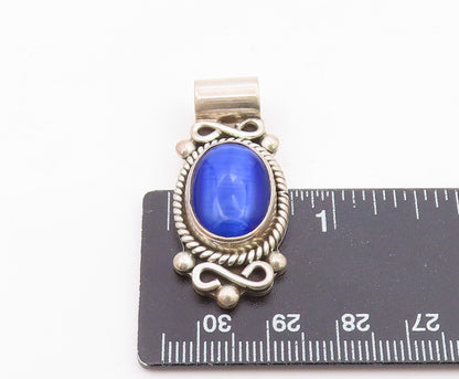 925 Silver  Vintage Twisted Rope & Swirl Edge Blue Cat's Eye Pendant  PT21564