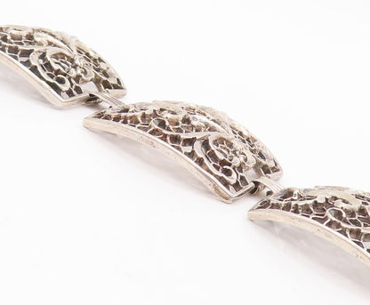925 Sterling Silver Vintage Bracelet Web Effect Cutout Floral Carved  BT10547
