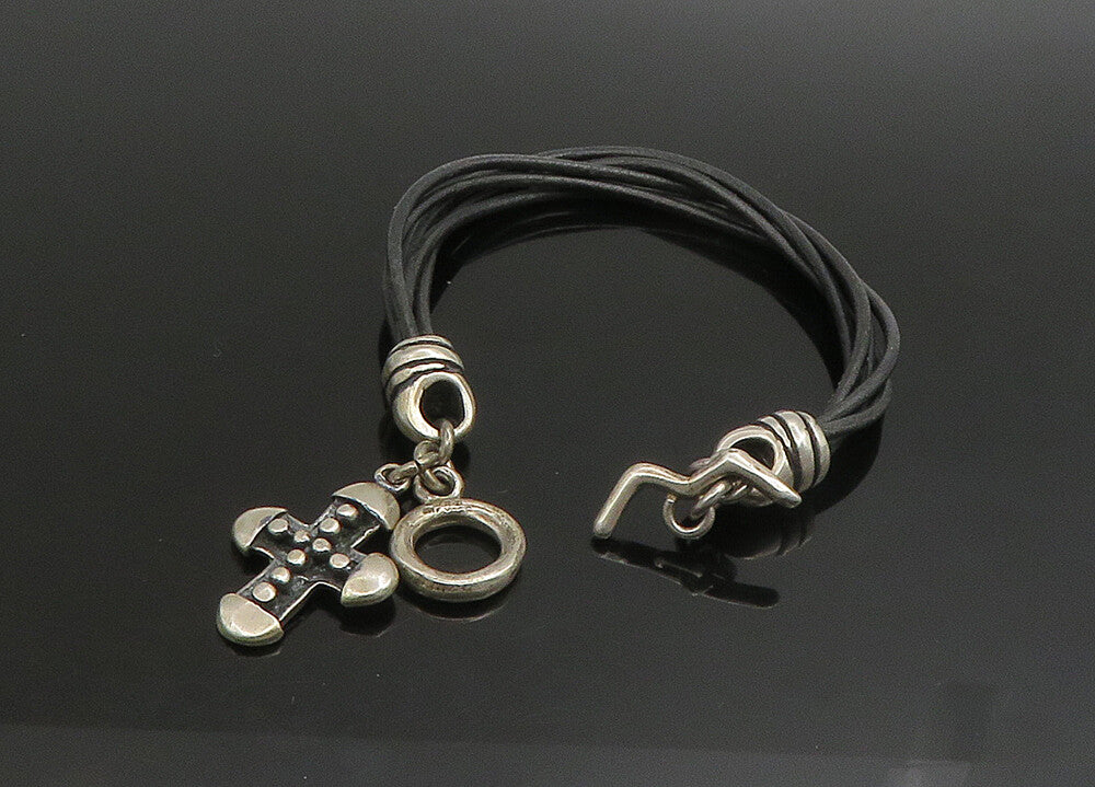 JRI MEXICO 925 Silver   Vintage Religious Cross Leather Rope Bracelet  BT9099