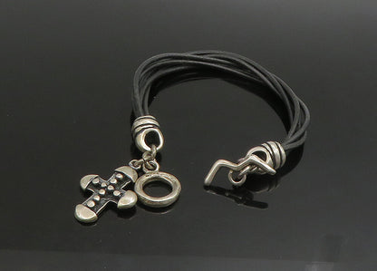 JRI MEXICO 925 Silver   Vintage Religious Cross Leather Rope Bracelet  BT9099