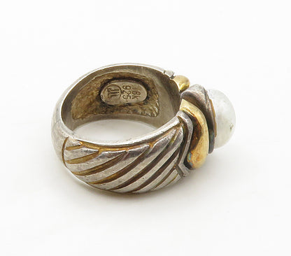 DESIGNER 925 Silver & 18K GOLD  Vintage Pearl 2 Tone Band Ring Sz 5.5  RG16424