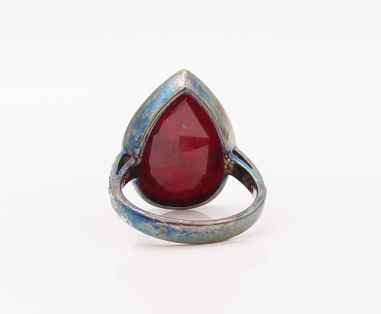 925 Sterling Silver Vintage Ring Diamonds Drop Cut Red Gemstone   Sz 8  RG30766