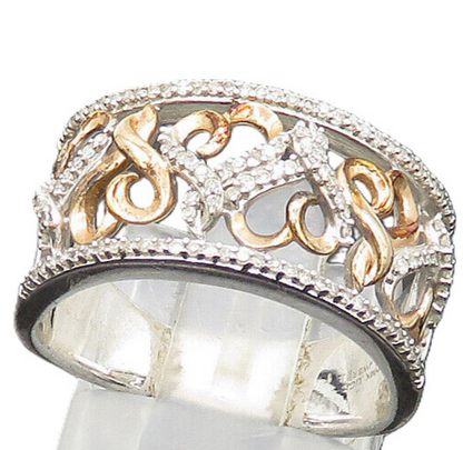 925 Silver  Vintage Shiny Genuine Diamonds Love Hearts Band Ring Sz 7  RG20863