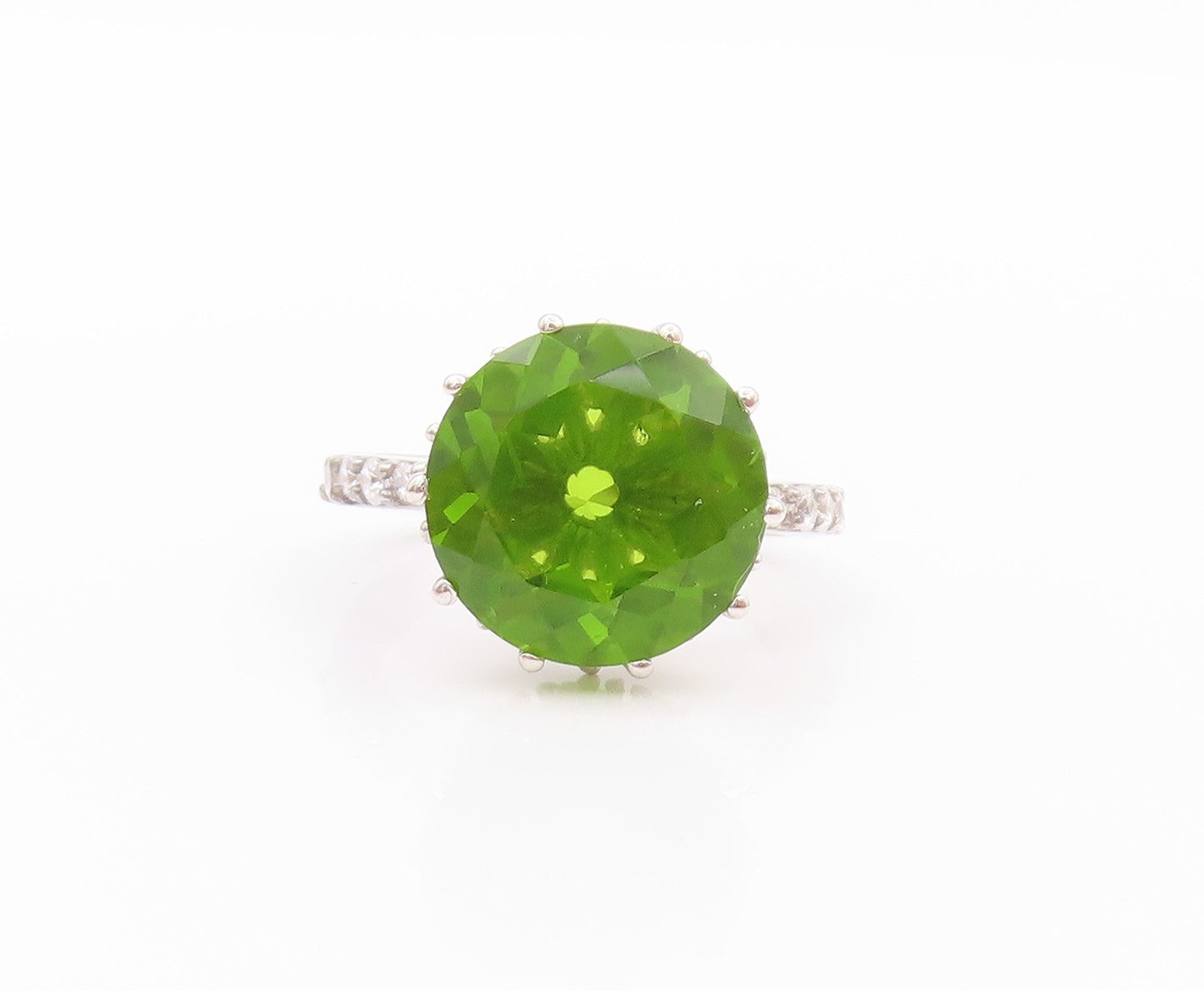 925 Sterling Silver Vintage Ring Modernist Round Peridot & CZ  Sz 6  RG32434