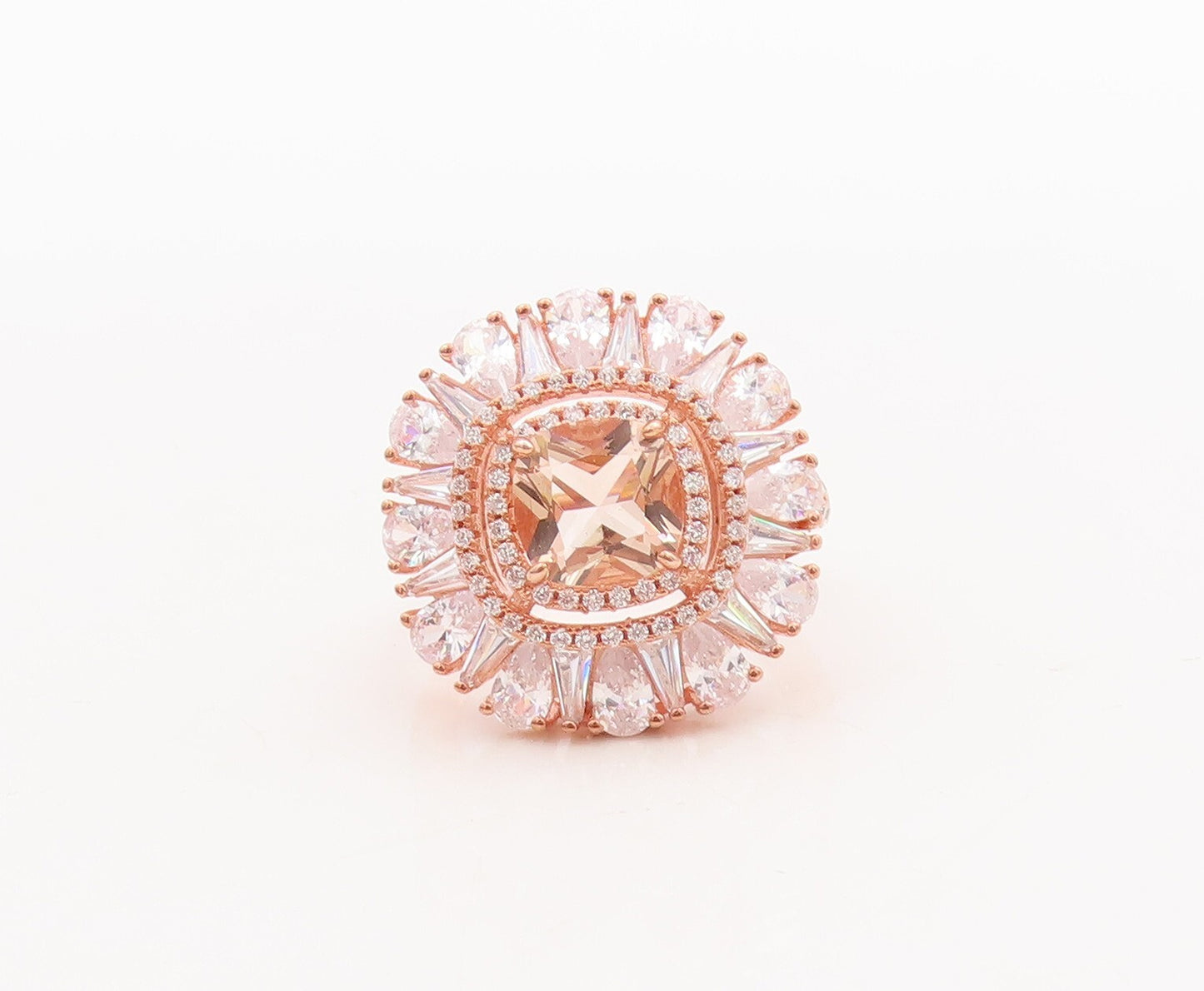 925 Sterling Silver Vintage Ring Rose Gold Plated Morganite & CZ  Sz 7.5 RG29732
