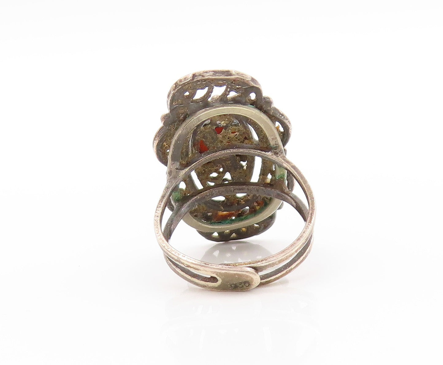 925 Sterling Silver Vintage Ring Dark Tone Swirls Cutout Gemstone Sz 6  RG32838
