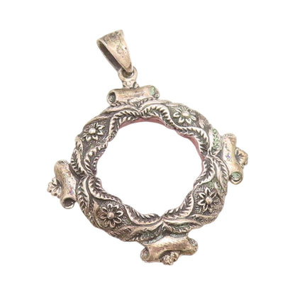 925 Sterling Silver Vintage Pendant Antique Dark Tone Floral Frame  PT24084