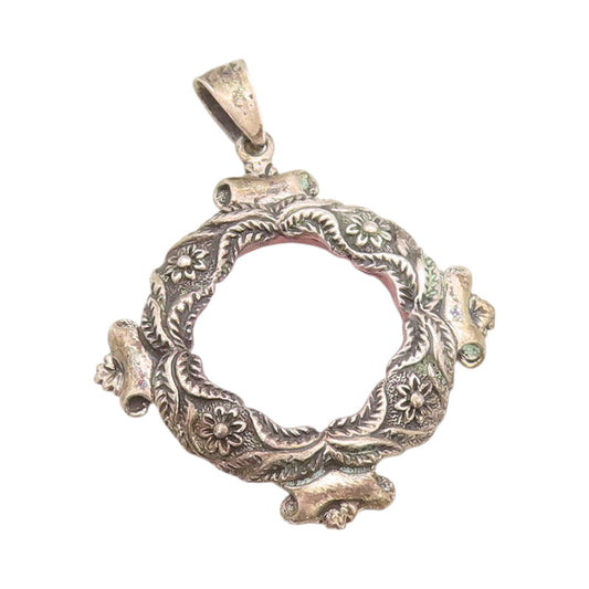 925 Sterling Silver Vintage Pendant Antique Dark Tone Floral Frame  PT24084