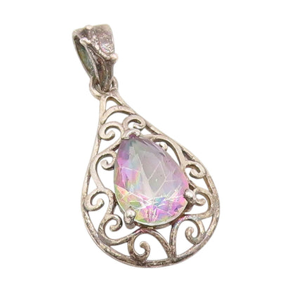 925 Sterling Silver Vintage Pendant Mystic Topaz Swirly Teardrop Charm  PT25315