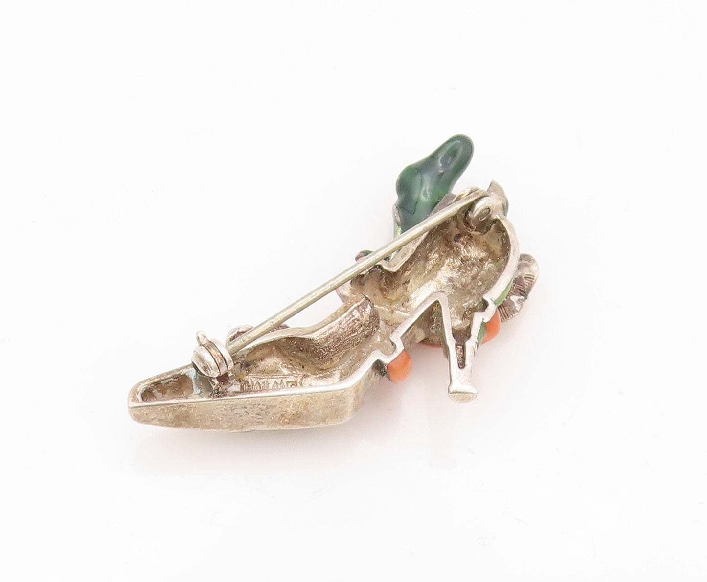 925 Sterling Silver Vintage Brooch Pin Enameled Roped & Floral Shoe  BP11177