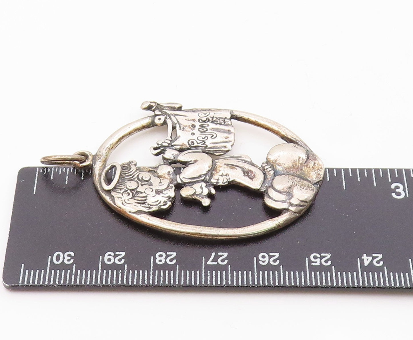 925 Sterling Silver  Vintage Baby Angel Rejoice Etched Drop Pendant  PT6415
