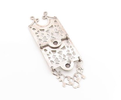 925 Sterling Silver Vintage Pendant Green Gemstone Long Floral Cut Out  PT25049