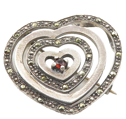 925 Sterling Silver  Vintage Garnet & Marcasite Love Heart Brooch Pin  BP7257