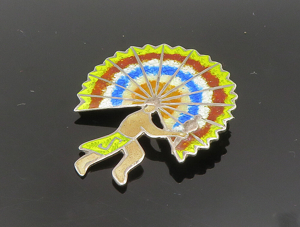 MEXICO 925 Silver  Vintage Enamel Dancing Aztec Warrior Brooch Pin  BP9409