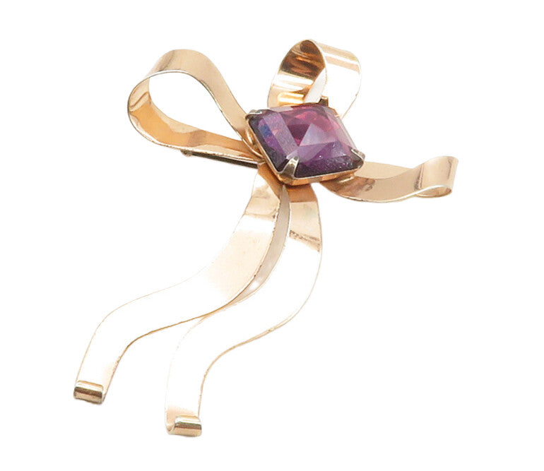 925 Sterling Silver  Vintage Amethyst Bow Tied Ribbon Shiny Brooch Pin  BP4909