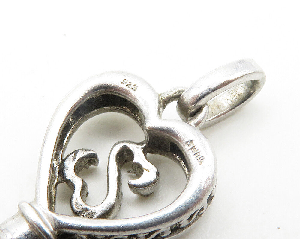 925 Sterling Silver   Vintage Genuine Diamonds Love Heart Key Pendant  PT15006