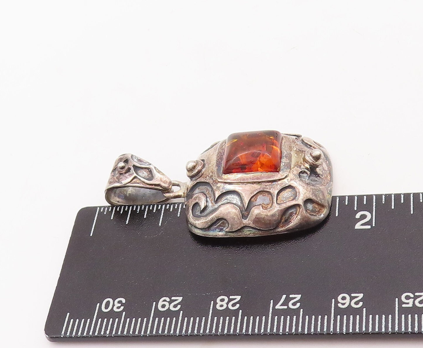 925 Sterling Silver Vintage Pendant Swirly Carved Square Shape Amber  PT23395