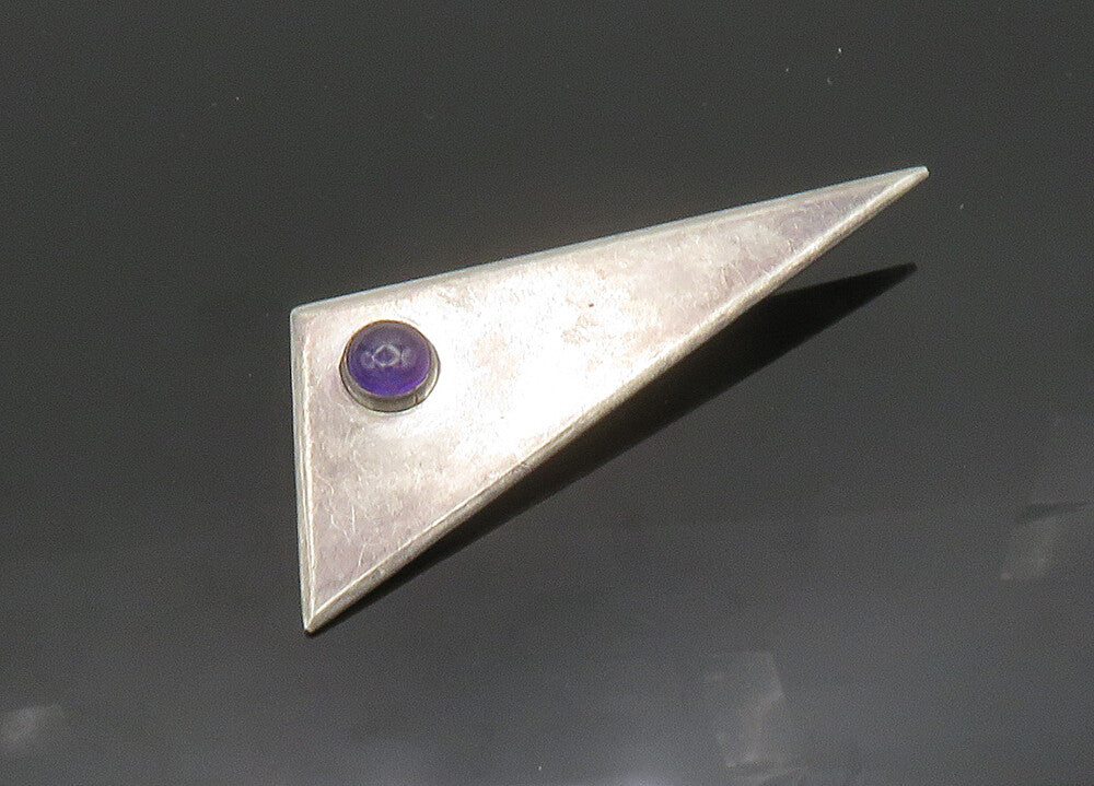 925 Sterling Silver  Vintage Cabochon Cut Amethyst Modernist Brooch Pin BP7842