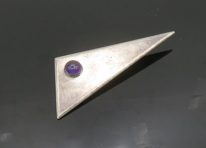 925 Sterling Silver  Vintage Cabochon Cut Amethyst Modernist Brooch Pin BP7842