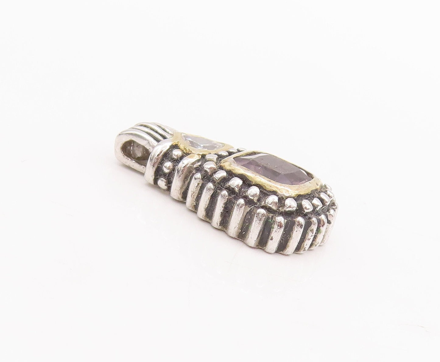 925 Sterling Silver Vintage Pendant Two Tone Square & Triangle CZ Carved PT23288