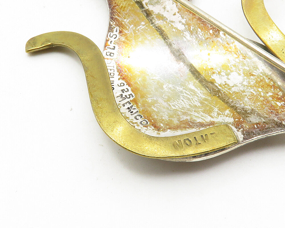 MEXICO 925 Sterling Silver  Vintage Two Tone Sitting Cats Brooch Pin  BP3657