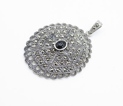 925 Sterling Silver  Black Onyx & Marcasite Sparkling Oval Pendant  PT6117