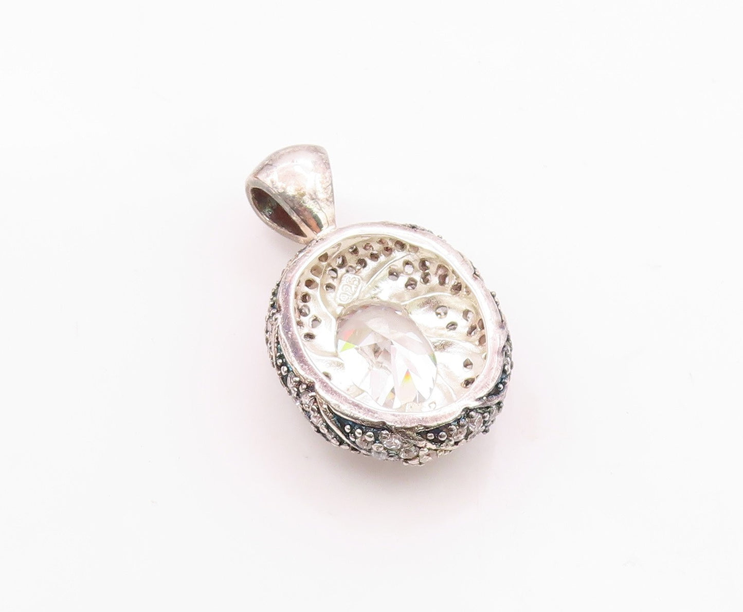 925 Sterling Silver   Vintage Sparkling Cubic Zirconia Oval Pendant  PT14994