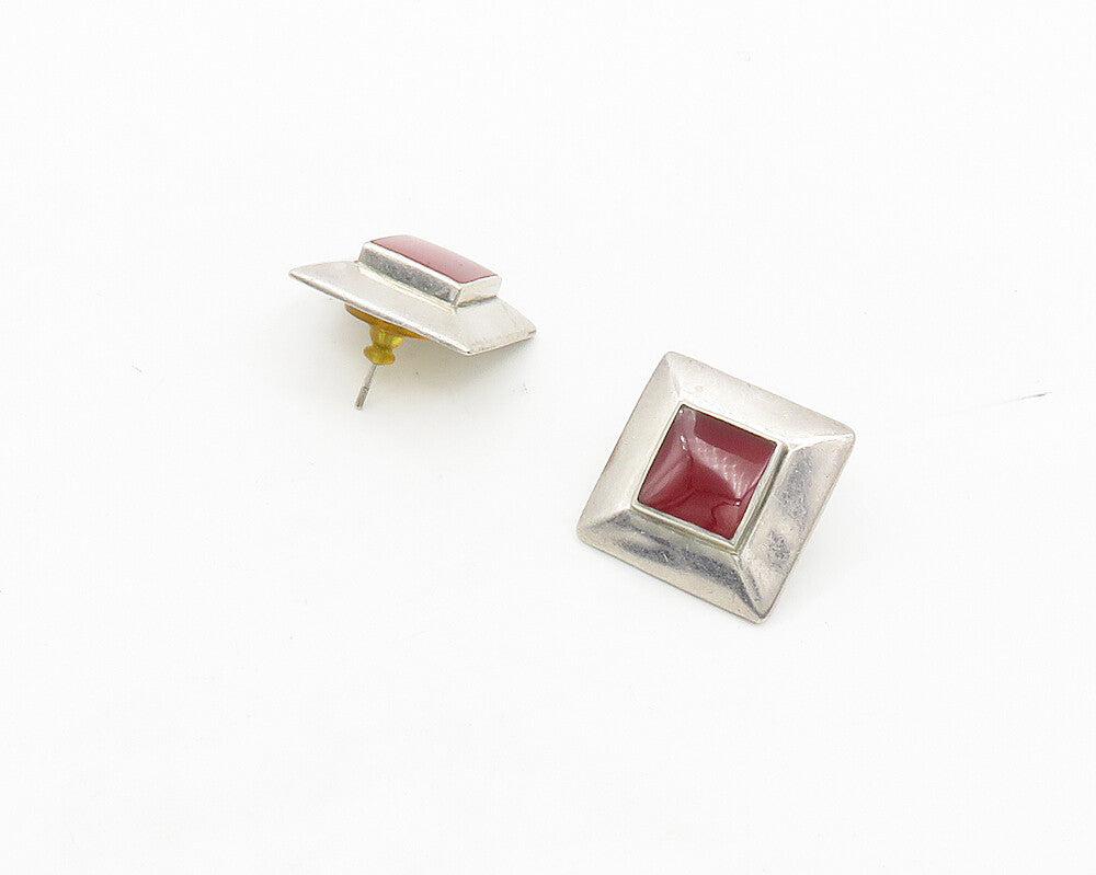 ND 925 Sterling Silver Vintage Inlaid Carnelian Shiny Square Earrings  EG9134