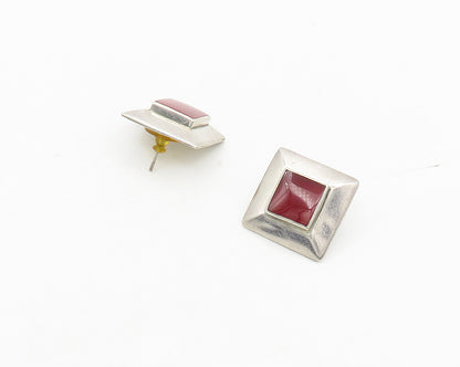 ND 925 Sterling Silver Vintage Inlaid Carnelian Shiny Square Earrings  EG9134