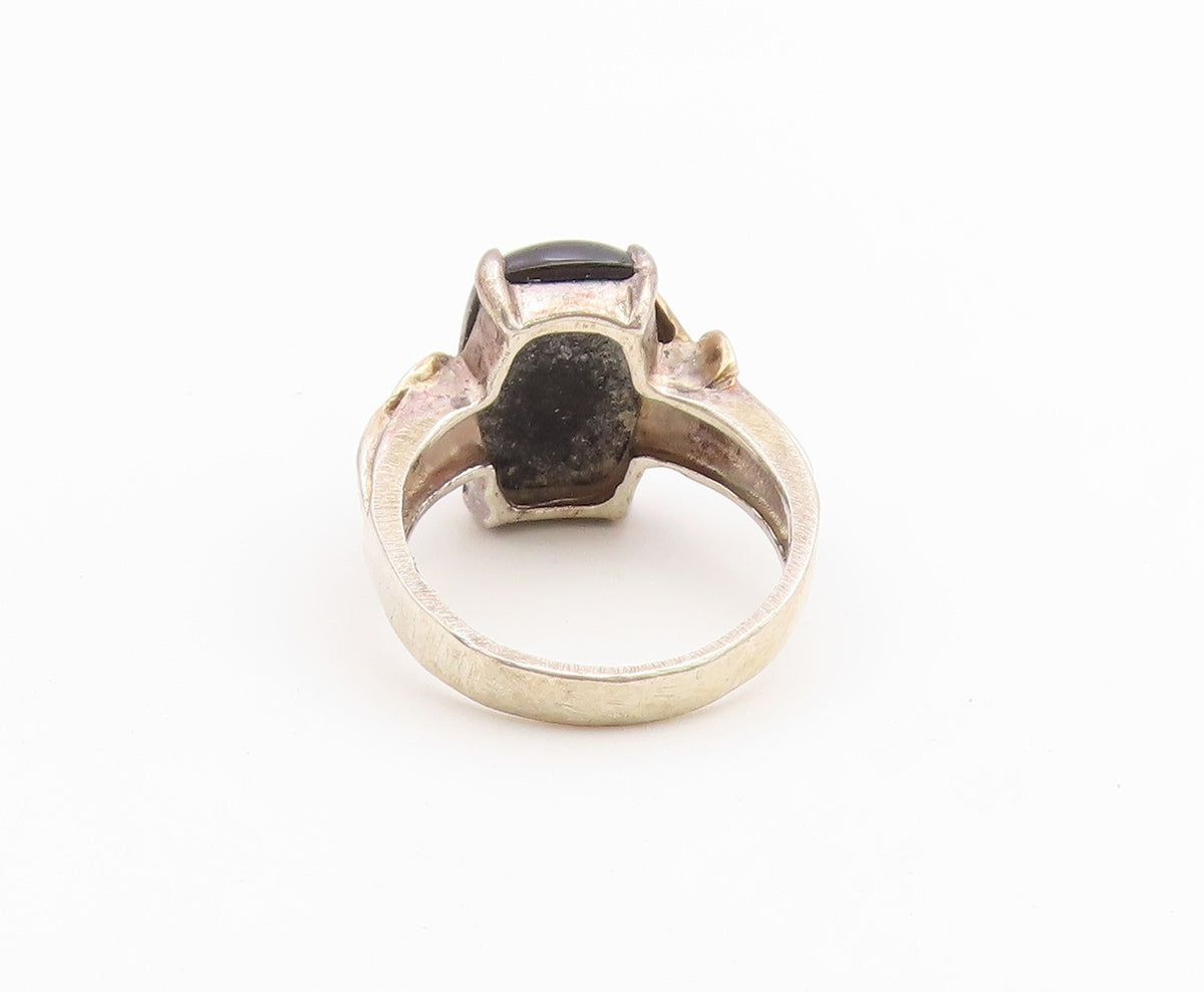 925 Sterling Silver Vintage Ring Black Onyx Botanical Leaf Band  Sz 8.5  RG36760