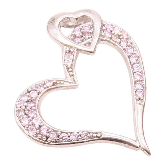 925 Sterling Silver  Vintage Pink Topaz Open Love Heart Pendant  PT14620