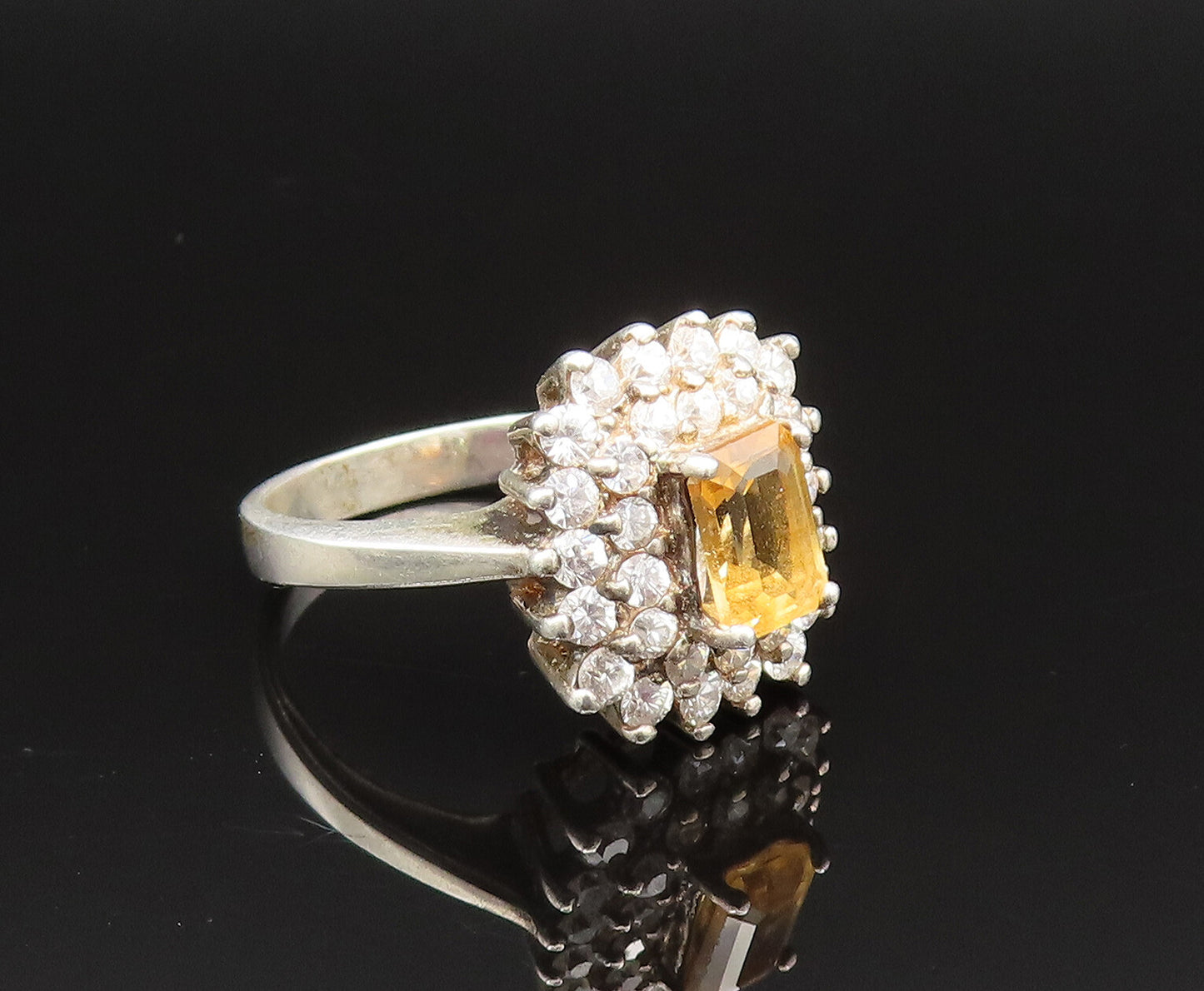 925 Sterling Silver  Vintage Citrine & Cubic Zirconia Halo Ring Sz 7  RG25641