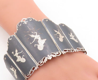 SIAM 925 Sterling Silver  Vintage Niello Dancer Panel Chain Bracelet  BT1963