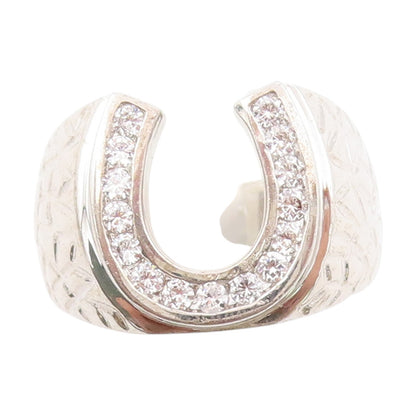 925 Sterling Silver Vintage Ring CZ Lucky Horseshoe Statement Band Sz 8 RG33642