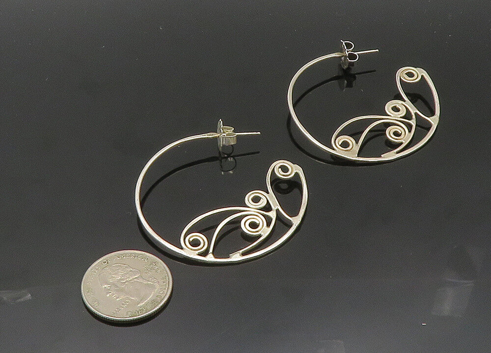 925 Sterling Silver  Vintage Shiny Open Swirl Design Hoop Earrings  EG10214