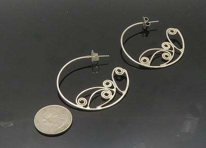 925 Sterling Silver  Vintage Shiny Open Swirl Design Hoop Earrings  EG10214