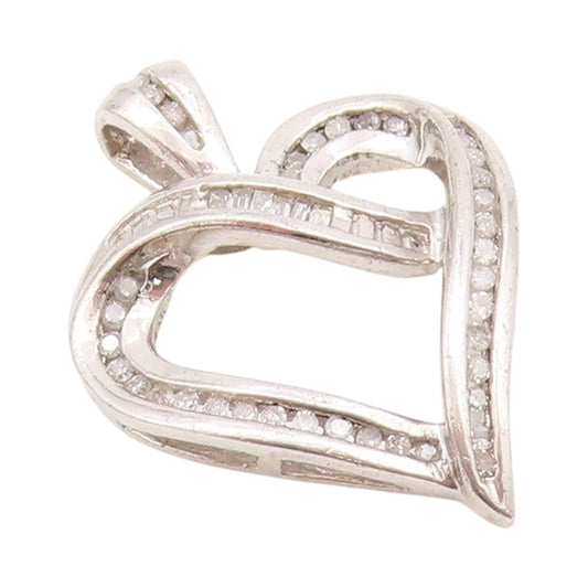 925 Sterling Silver Vintage Pendant Designer Diamonds Inlay Cutout Heart PT24306