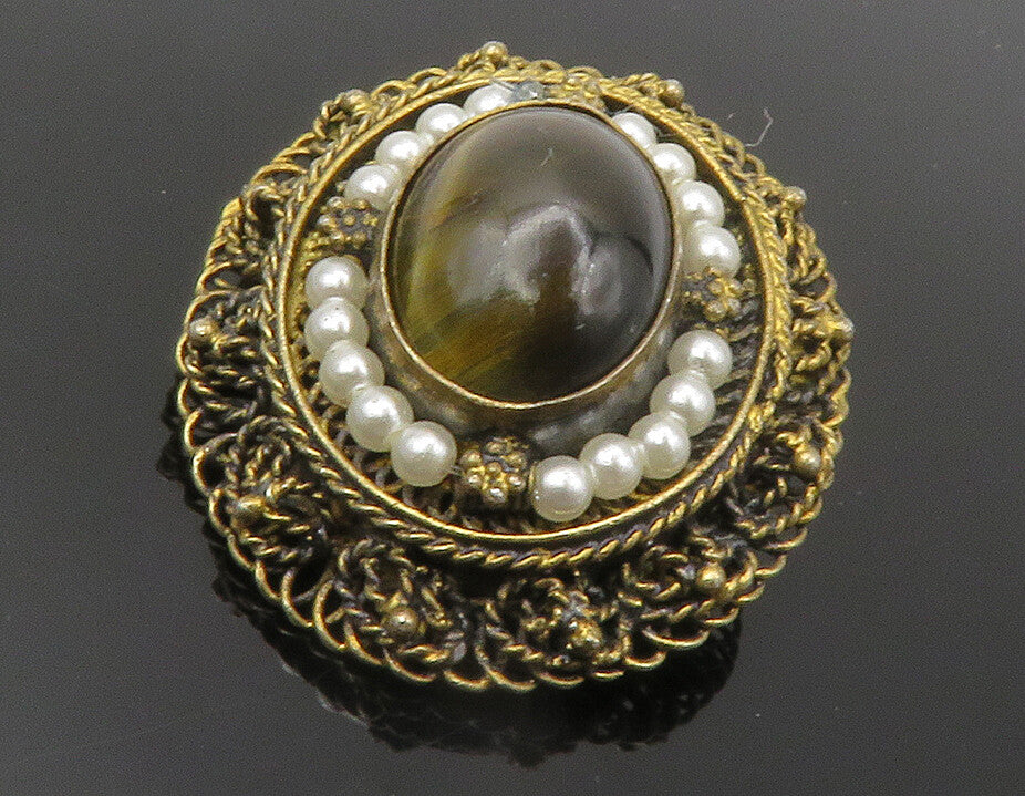 ISRAEL 925 Silver  Vintage Tiger's Eye & Petite Pearls Twist Brooch Pin BP5458
