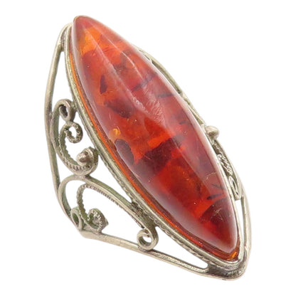 925 Sterling Silver Vintage Ring Cabochon Honey Amber Scroll Band  Sz 8  RG35945