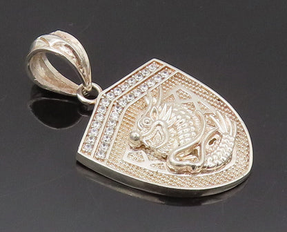 925 Sterling Silver Vintage Pendant Dragon Carved Shield Beaded Topaz  PT22622