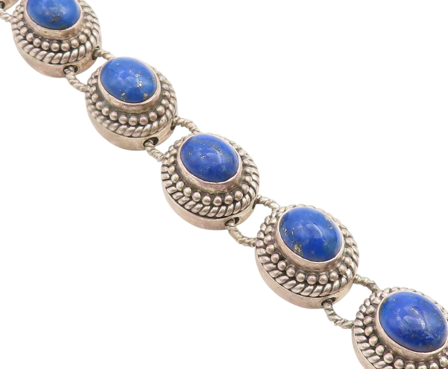 925 Sterling Silver Vintage Bracelet Cabochon Lapis Lazuli Beaded Chain  BT11437