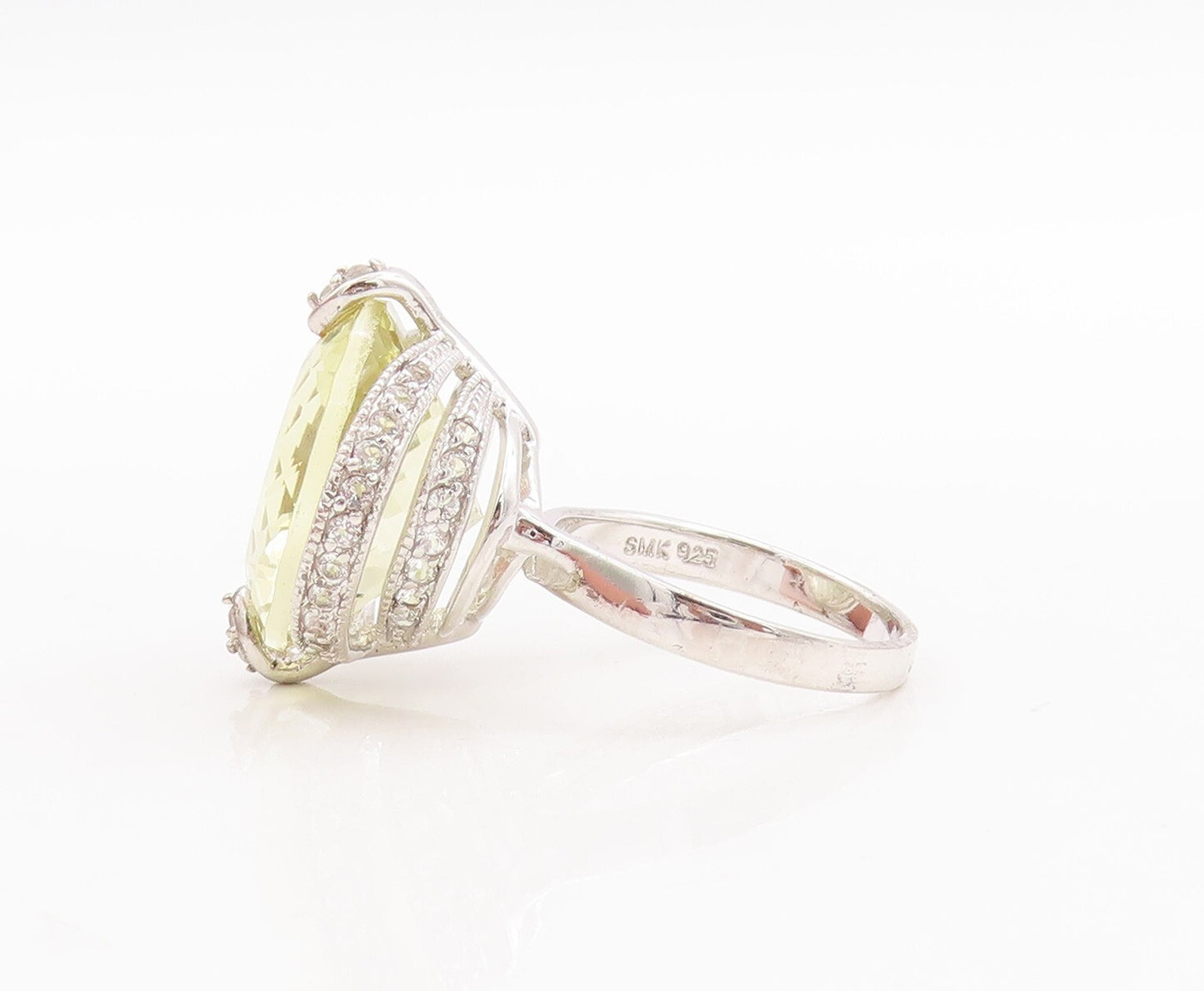 925 Sterling Silver Vintage Ring Large Round Cut Lime Quartz Topaz Sz 7  RG29358