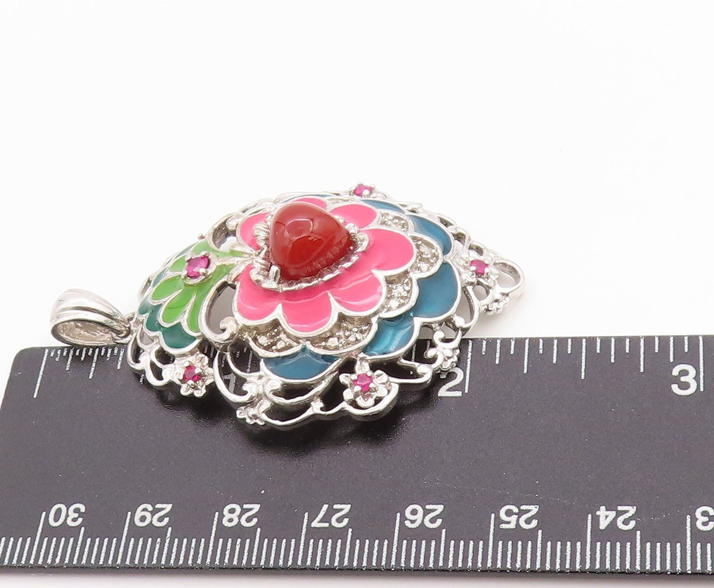 925 Sterling Silver Vintage Pendant CZ & Enameled Floral Gemstone Heart  PT24362